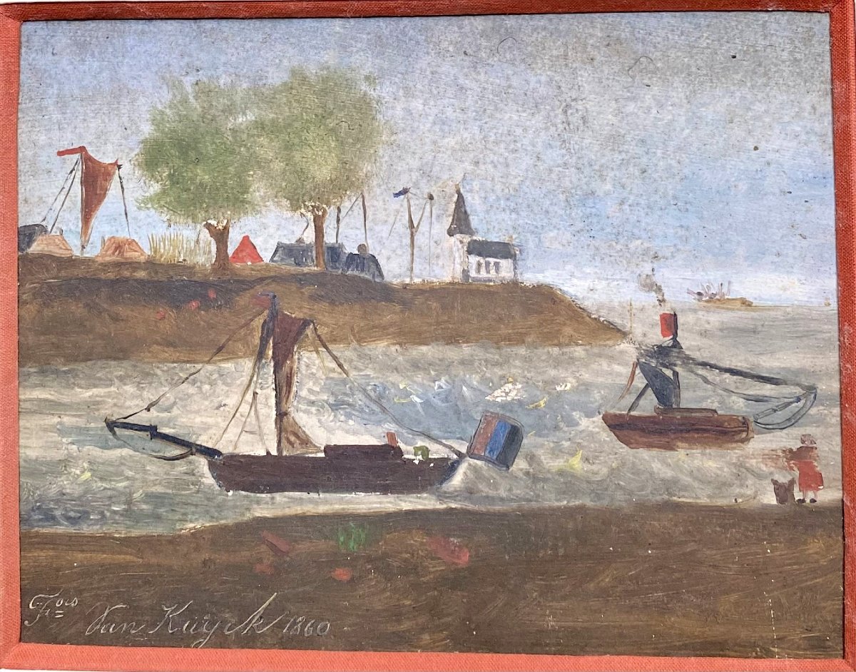 François Van Kuyck (XIXe). " Marine". Peinture naïve. 1860