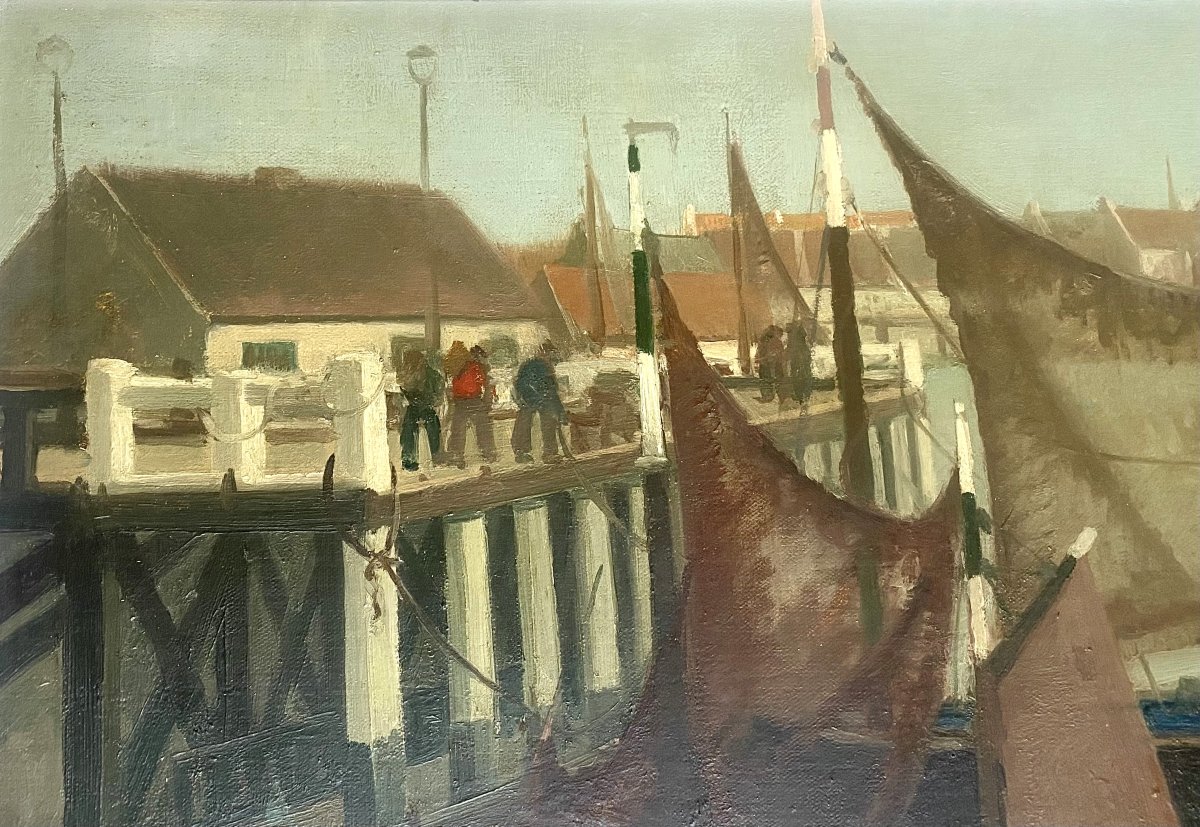 Georges Frederic (1900-1981). "Zeebrugge" 1960. Exposé au Salon des peintres de la mer.-photo-4
