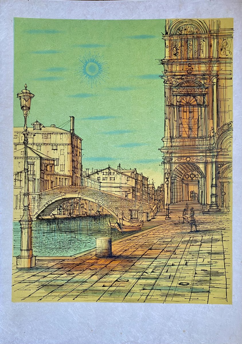 Jean Carzou (1907, Syria–2000, France). Lithograph, “venice,” 1973.