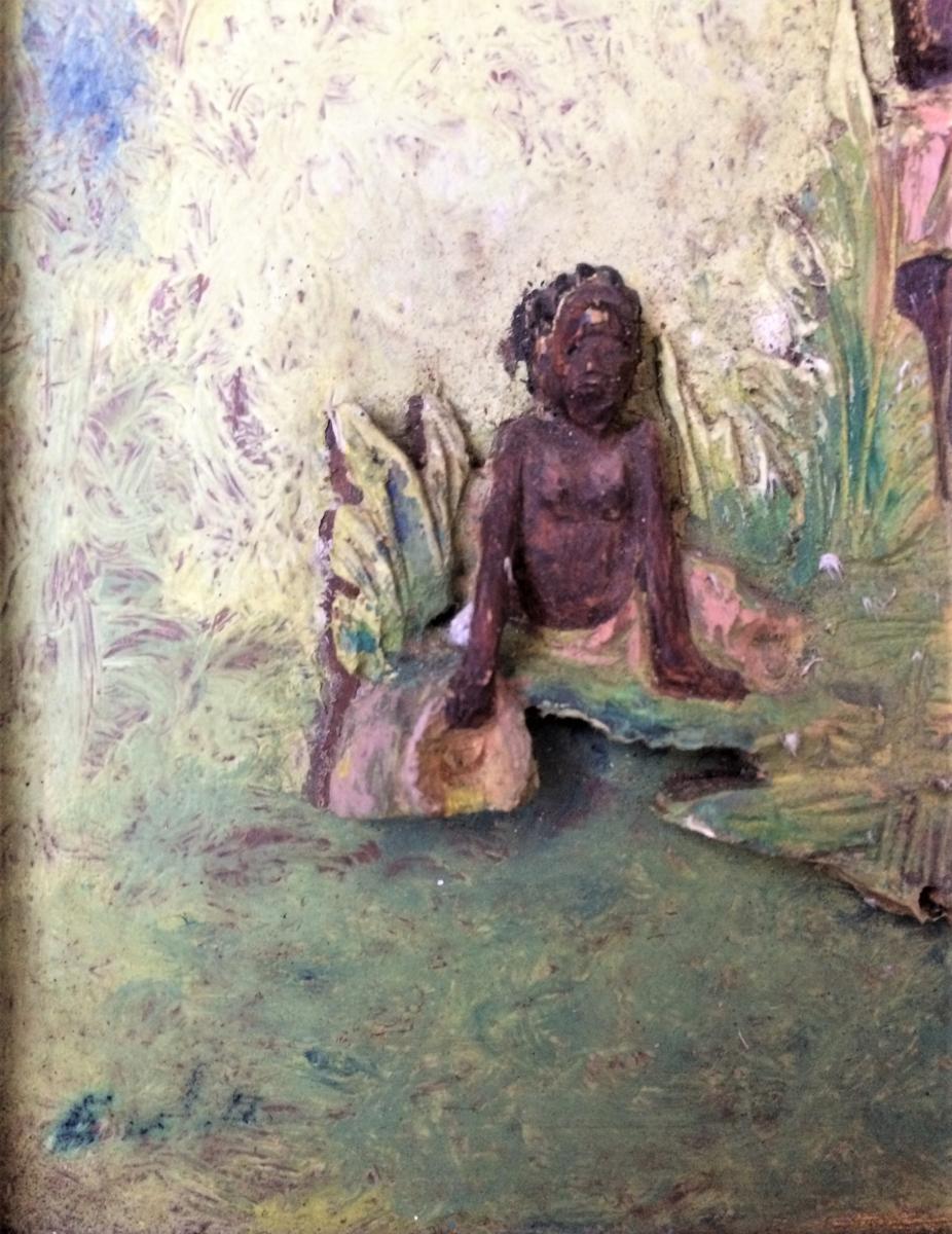 Congo. Painted High Relief. "women On The Edge Of The River". The 50's.-photo-2