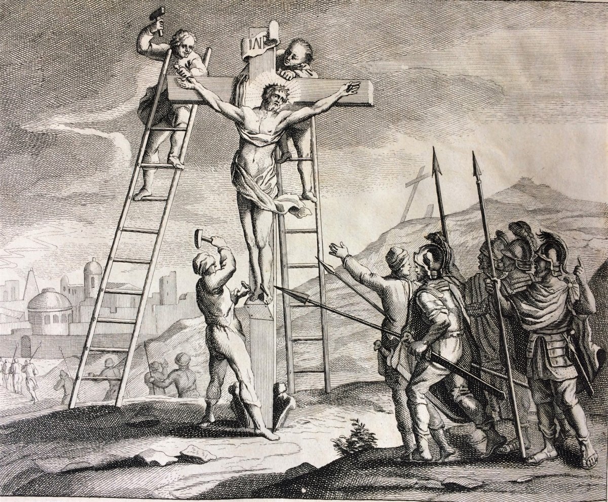 Gravure. "Différentes manières de crucifier". 1725.-photo-3