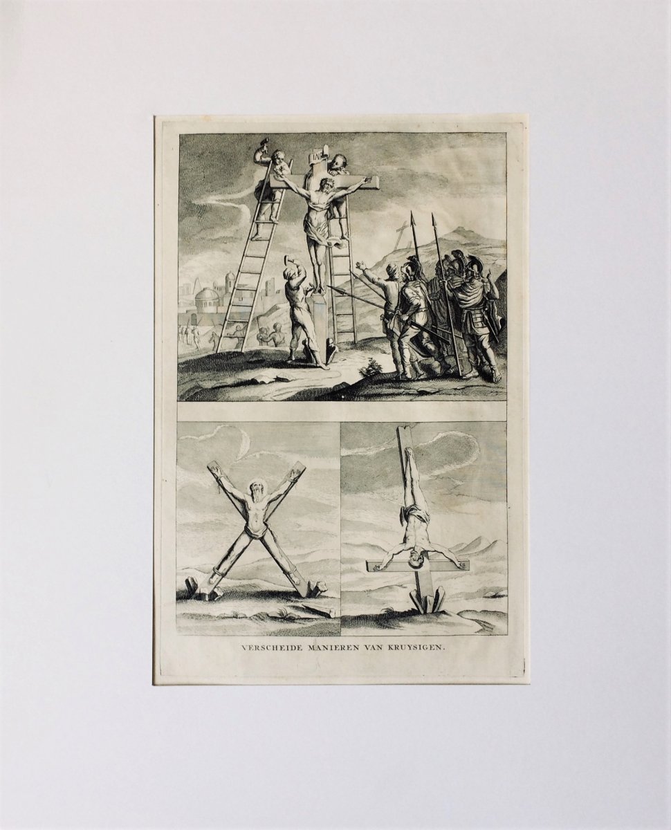 Gravure. "Différentes manières de crucifier". 1725.-photo-4