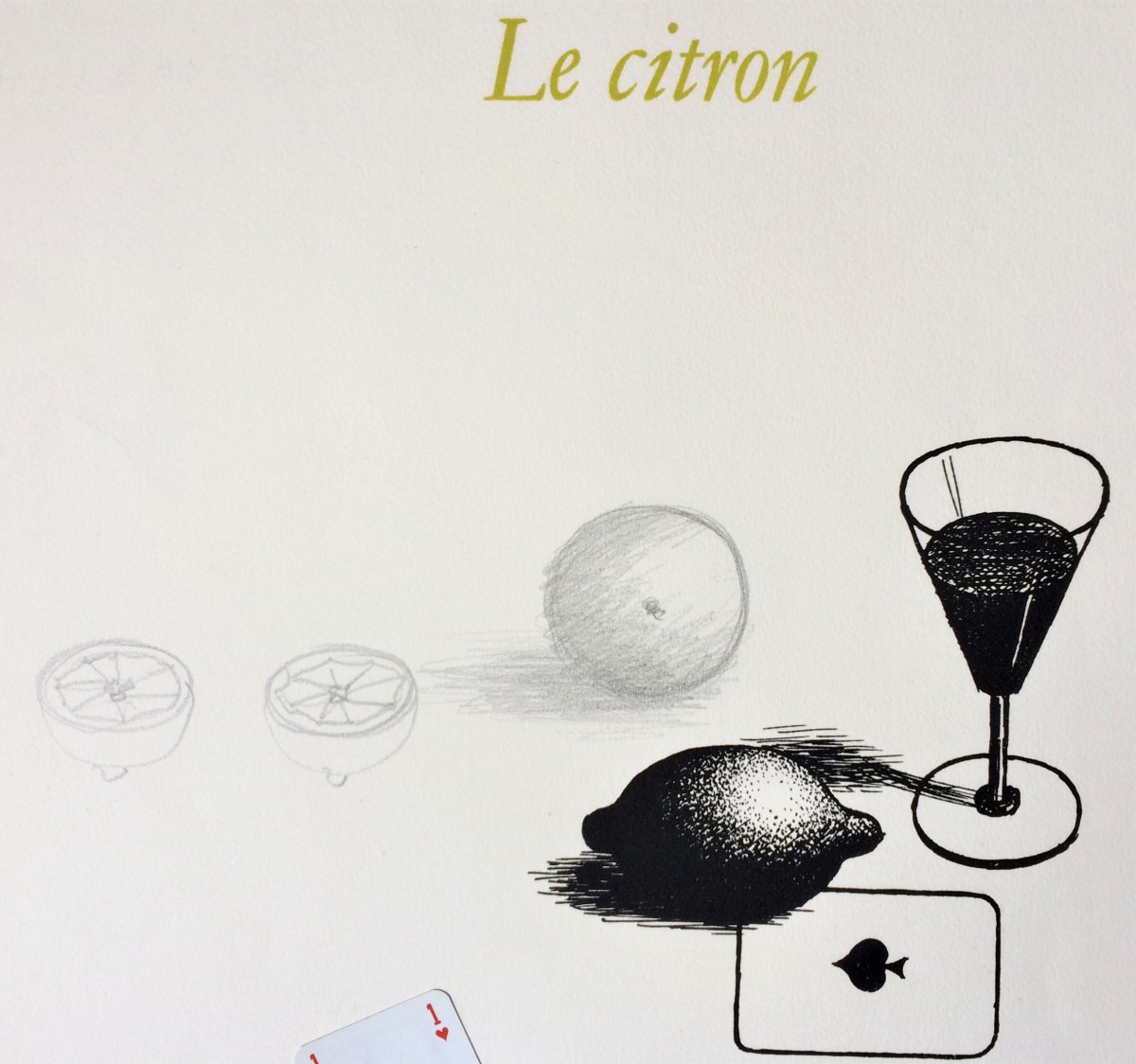 Georges Rohner. Technique mixte.  " Citron et cartes à jouer". Vers 1970.-photo-3