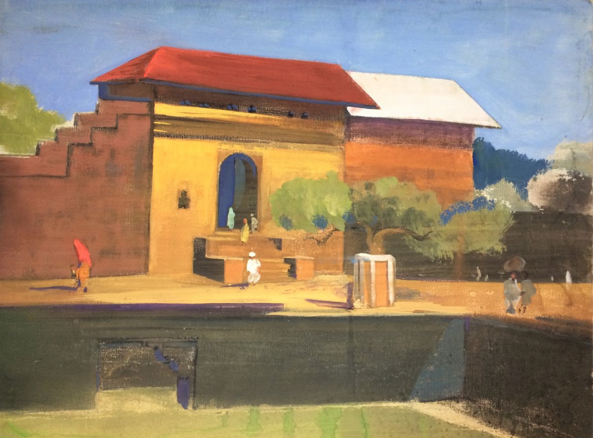 Ecole indienne. Govind Madhav Solegaonkar. (1912-1986). " Village indien". Années 30.
