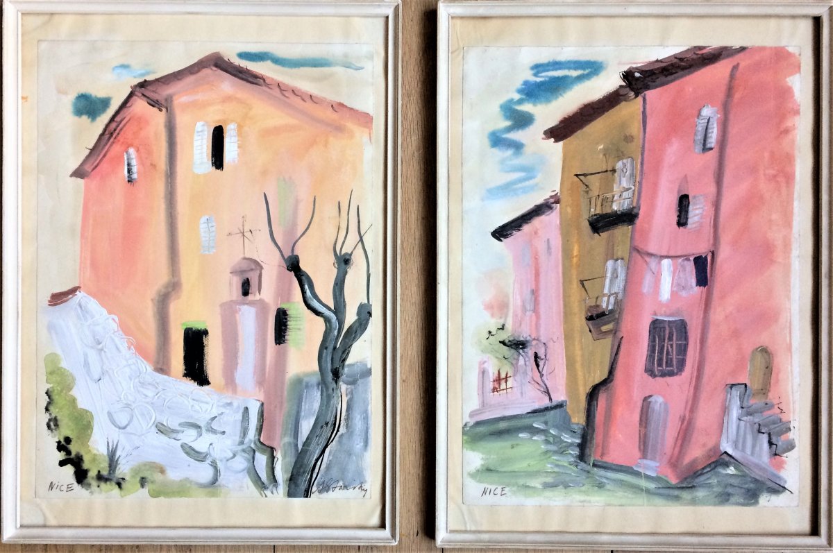 Ecole russe. Anna Staritsky "Nice". Paire de gouaches.  Années 1945- 1950.