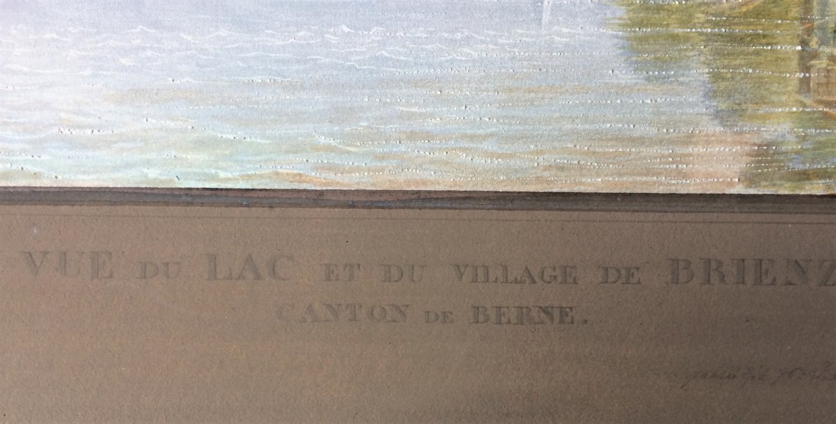 Samuel Grundman. "Vue du lac et du village de Brienz". (Canton de Berne). aquatinte gouachée.-photo-3
