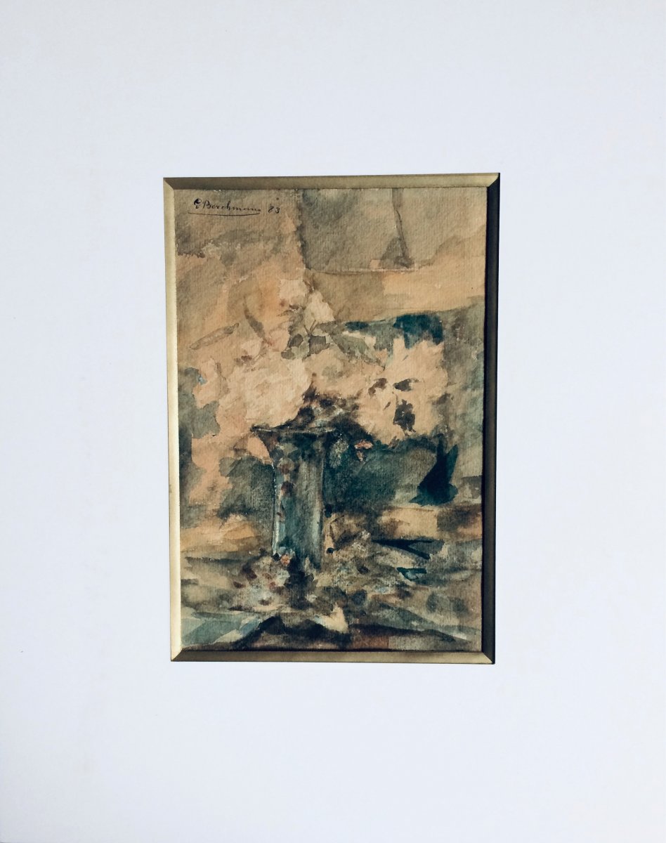 Emile Berchmans. 1883. Two Watercolors. "lively Landscape And Still Life With White Roses".-photo-2