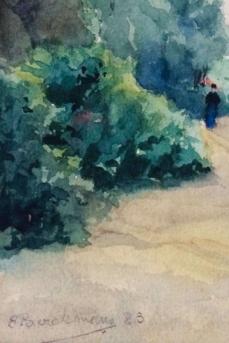 Emile Berchmans. 1883. Two Watercolors. "lively Landscape And Still Life With White Roses".-photo-3