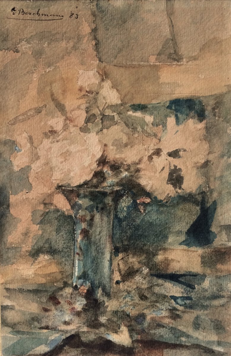 Emile Berchmans. 1883.  Deux aquarelles. " Paysage animé et nature morte aux roses blanches".-photo-2