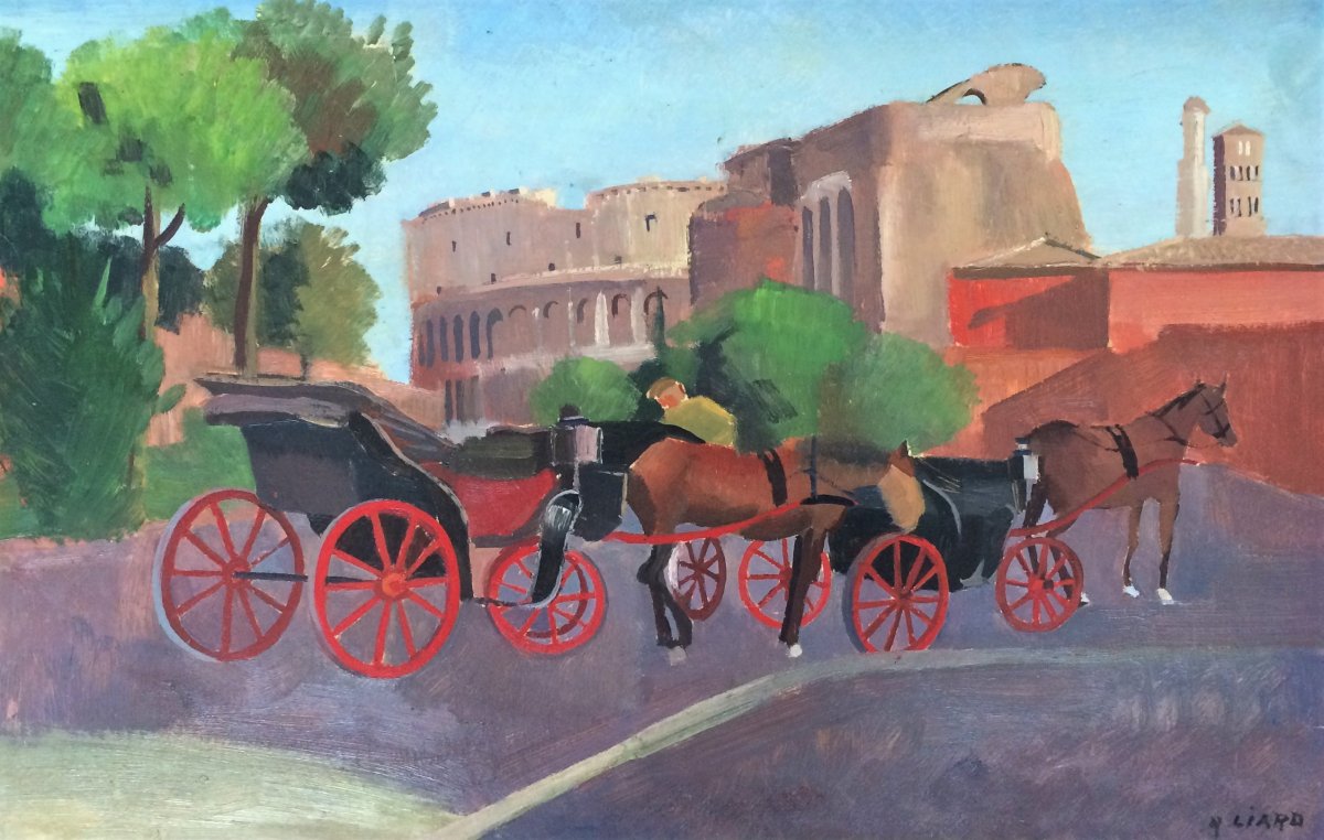 Robert Liard. "horse-drawn Carriages In Front Of The Colosseum". Oil On Cardboard. 1930s.-photo-2