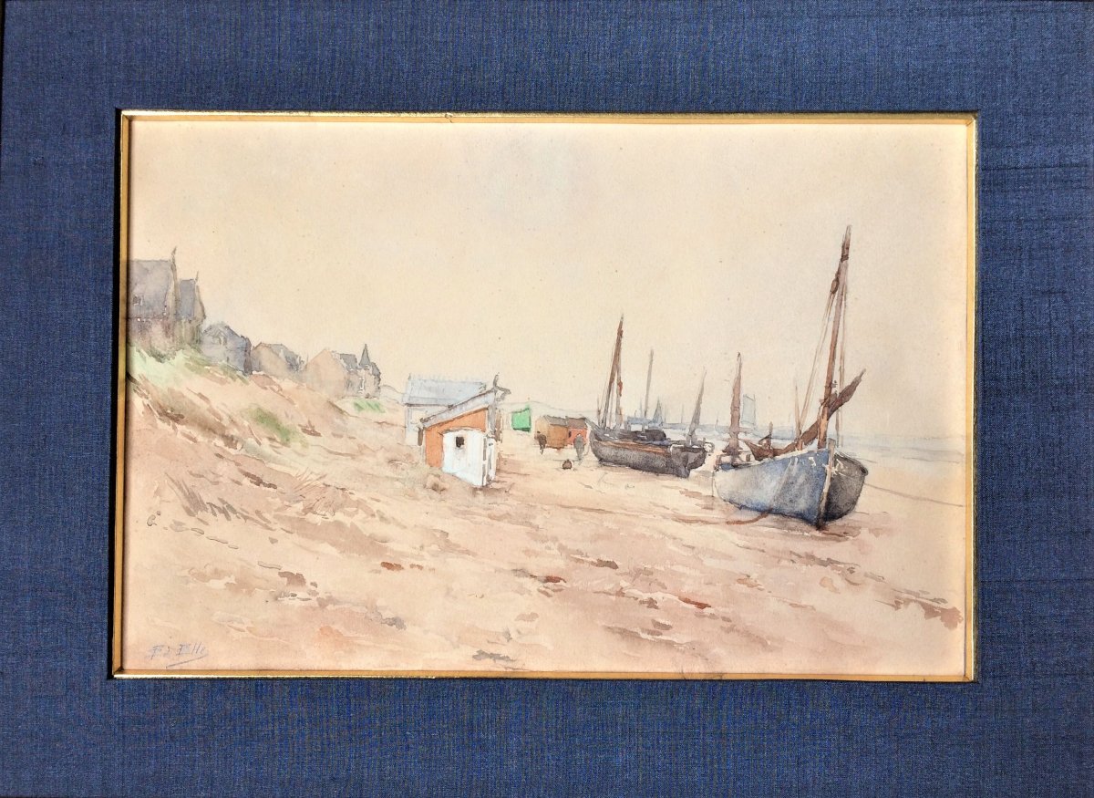 Edouard Elle (1859-1911)."Bateaux en bord de plage". 19°.-photo-2