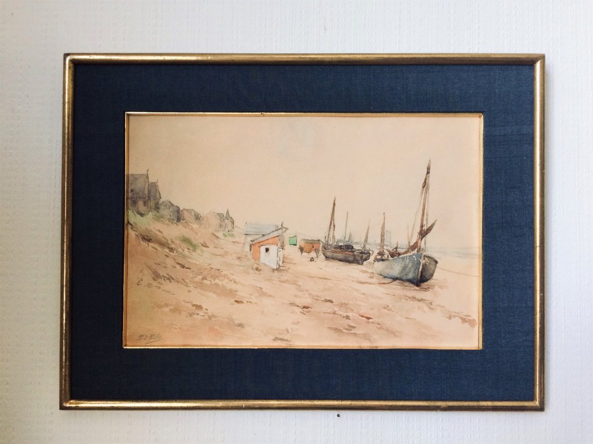 Edouard Elle (1859-1911)."Bateaux en bord de plage". 19°.-photo-3