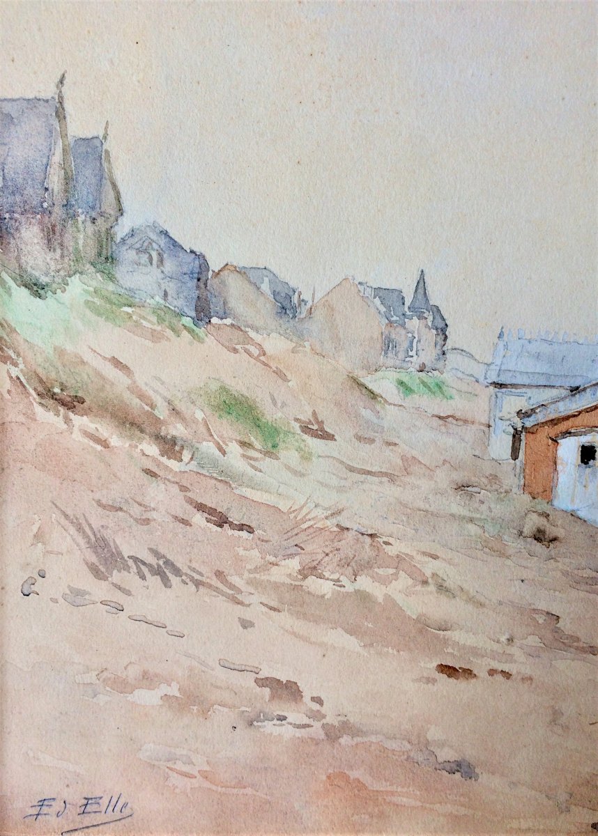 Edouard Elle (1859-1911)."Bateaux en bord de plage". 19°.-photo-4