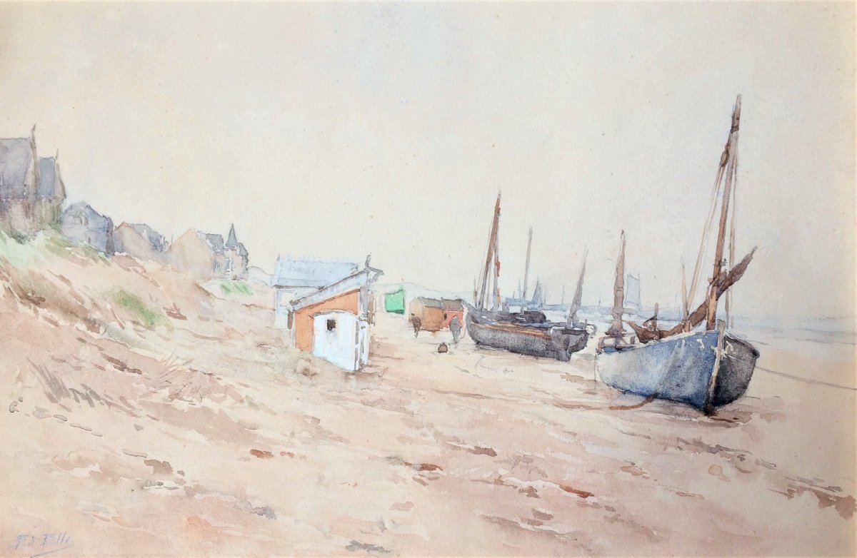 Edouard Elle (1859-1911)."Bateaux en bord de plage". 19°.
