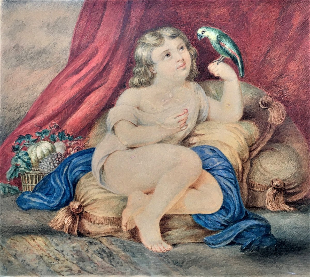 Enfant nourrissant un perroquet. Vers 1840. Aquarelle.