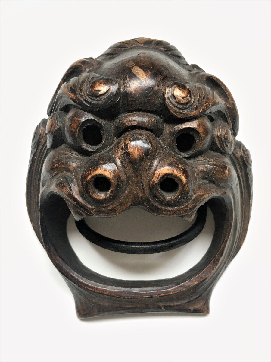 Quatre mascarons en bois sculpté. "Chiens Fô". Chine début XX°.-photo-2