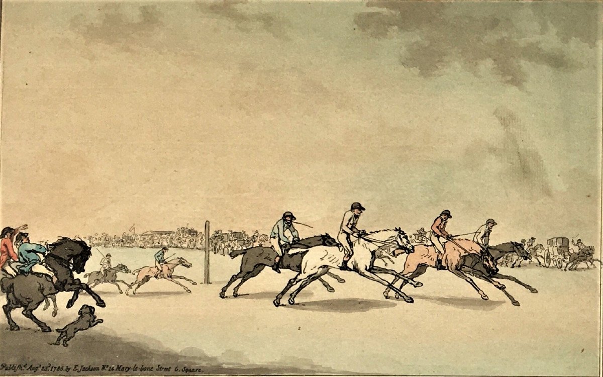 Thomas Rowlandson (1756-1827). " Horse racing" .  Eau-forte aquarellée. Edité en 1786 par Elizabeth Jackson.-photo-2