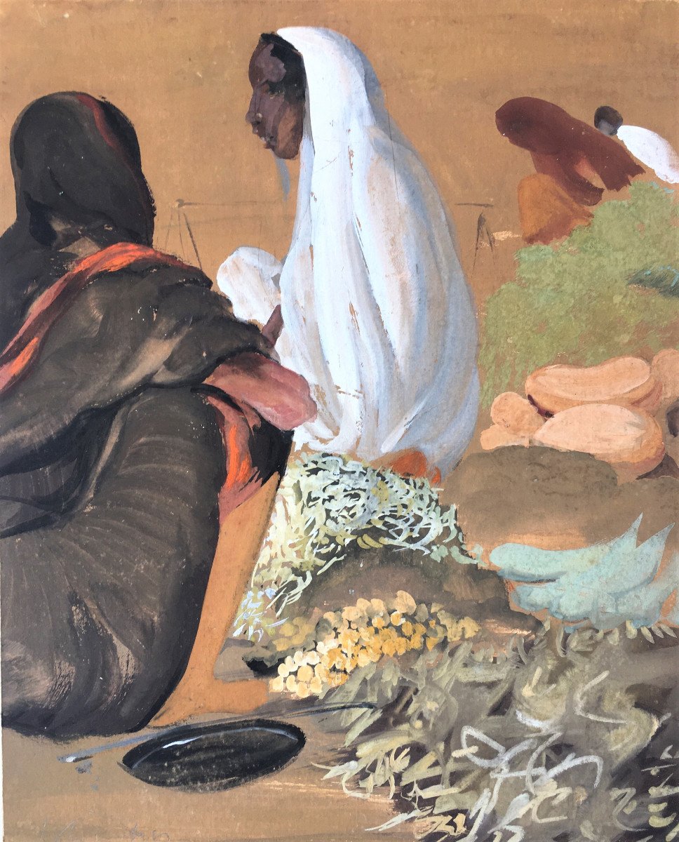 Govind Madhav Solegaonkar (1912-1986). " Scène de marché". Ecole indienne.