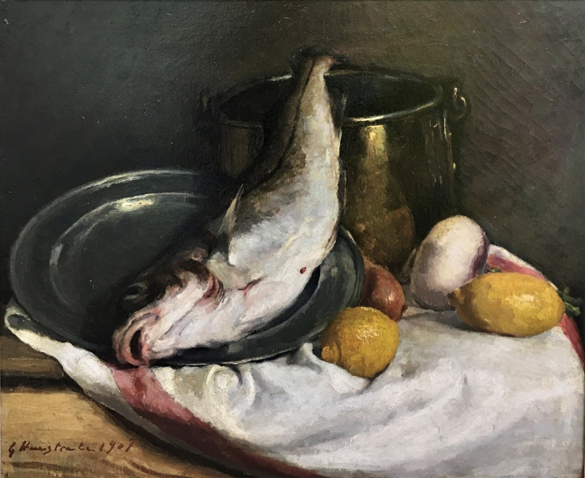 Gaston Hausstrate (1878-1949). "still Life With Fish". 1907.
