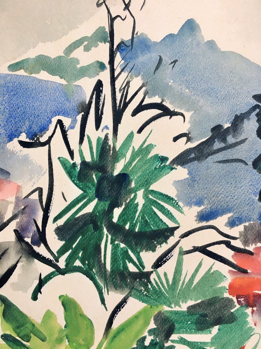 Marie Howet (libramont, 1897 - 1984). "mediterranean Landscape". Watercolor.-photo-3