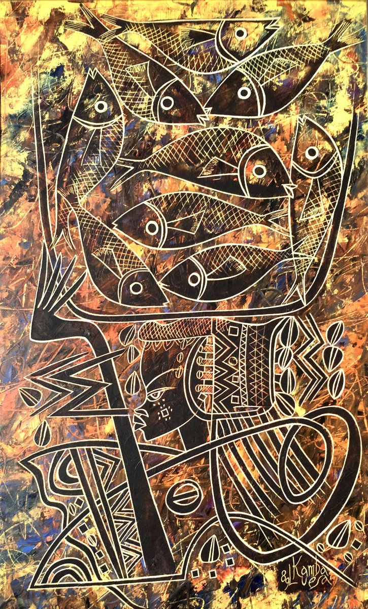 Kamba Luesa (1944-1995) " Africaine aux poissons". 1989. Congo.-photo-2