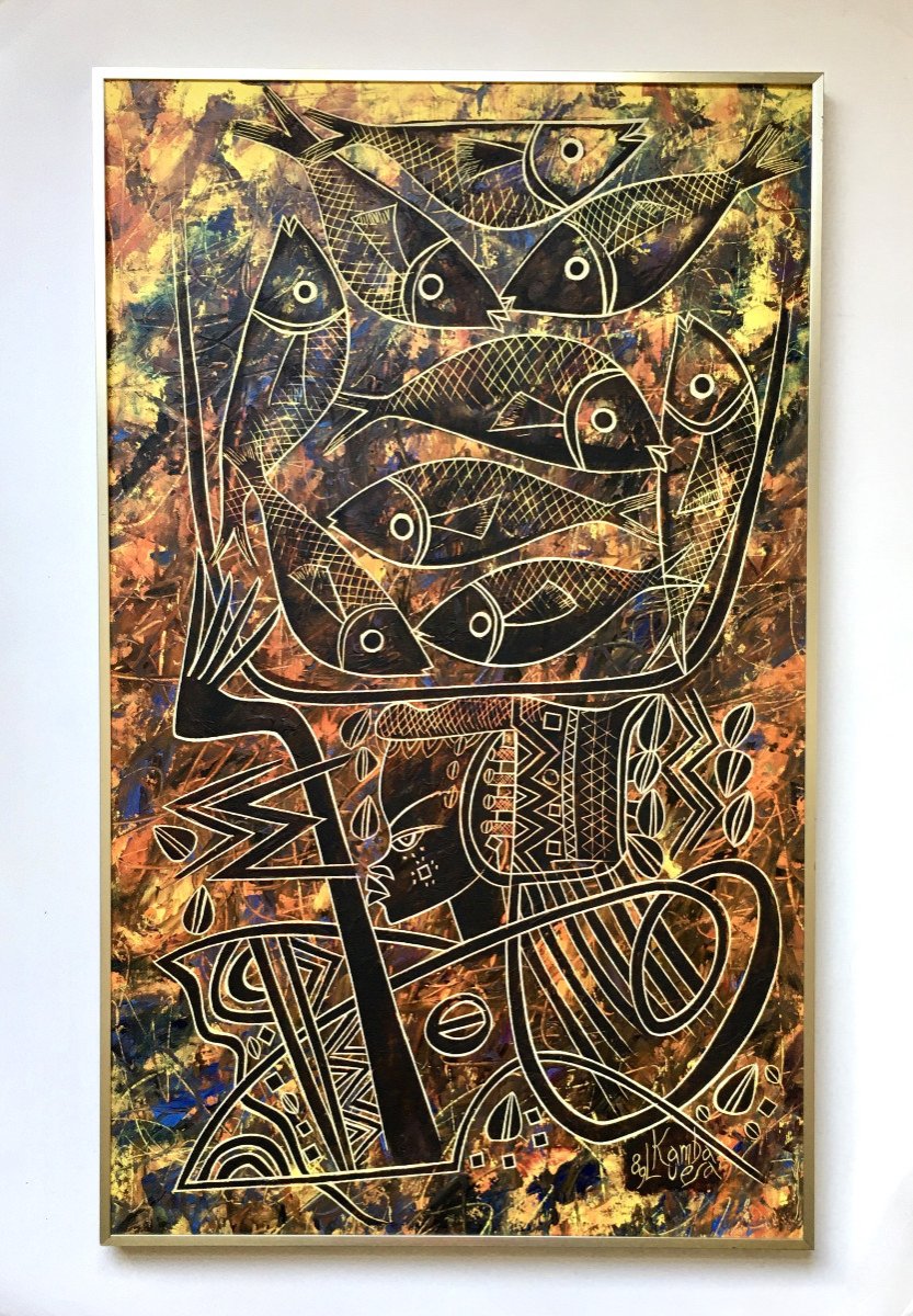 Kamba Luesa (1944-1995) " Africaine aux poissons". 1989. Congo.