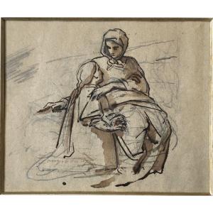 Henri Joseph Campotosto (Bruxelles 1833- Londres, 1910). "Deux femmes". Dessin.