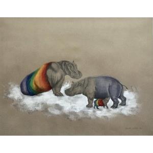 Nuno Corte-Real ( Lisbonne, 1944-Bruxelles, 1993). "  Hippopotames arc-en-ciel". 1982.