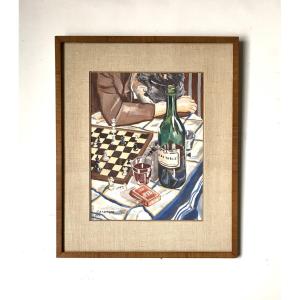 J.C Avril. " Partie d'échecs". 1945. Gouache.