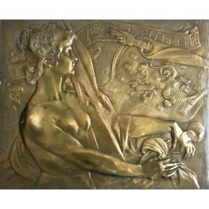 Isidore De Rudder (Bruxelles 1855-1943). Vers l'Entente".Bas-relief. Bronze doré.  Art Nouveau.