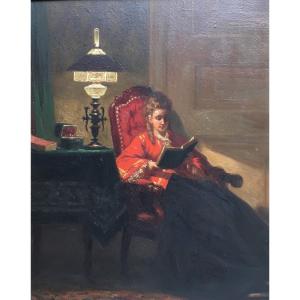 Pieter Willem Sebes (1827-1906). " Femme lisant à la lumière d'une lampe". Vers 1860.