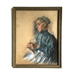 Pastel "Bretonne au tricot". Vers 1900. Ecole française.