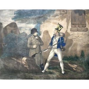 Napoléon. Lithographie rehaussée à l'aquarelle. "On ne passe pas". XIXe.