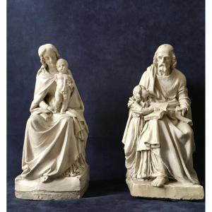 Pair Of 19th Century Sculptures. Terracotta . “mary, Joseph, Jesus”. Around 1830.