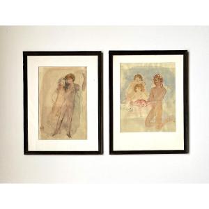 Paire d'aquarelles. "Nus". Vers 1940. Signées.