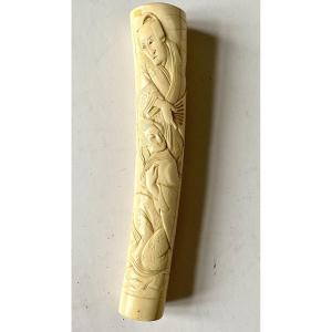 Japan: Handle Made Of Carved Ivory , Decorated With Figures. Meiji Period.