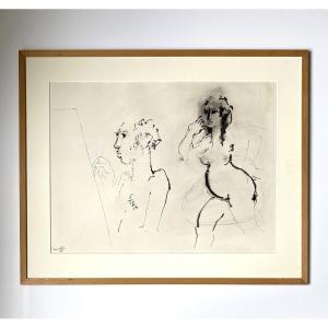 Roger Somville (1923-2014). "Le peintre et son modèle". 1969. Encre de chine.