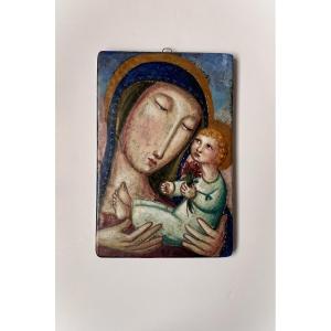 Céramique polychrome. "Vierge à l'enfant".  Italie. Années 40-50.