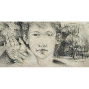Charly Vienne ( Frameries, 1942). " Portrait d'homme". 1970. Fusain sur toile. 