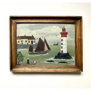 M. Fiévez (20th Century). Naïve Painting. "lighthouse In Brittany". 1950s.