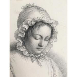 Dessin.  1832 Paris "Portrait de Madame Jules Delehaye" par Mélanie Mestdagh. 