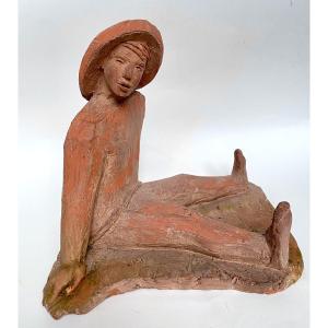 Claire Durieu (1934-2023). Original Terracotta. "young Man Resting". 1957.