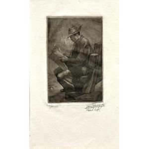 Luis Angel Rengifo (1906-1986 , Colombie). "Ouvrier mexicain lisant le journal". 1948. Gravure