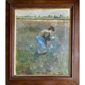 Maurice Wagemans (brussels, 1877 - Bredene, 1927), "young Girl Picking Flowers". Late 19th Century