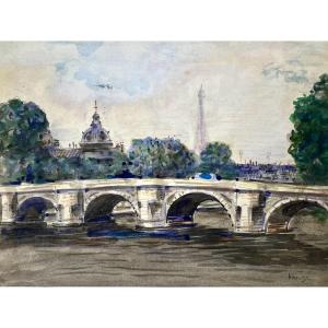 Edmond Heuzé (Paris, 1883-1967). " Vue de Paris, Le Pont Neuf et la Tour Eiffel". Vers 1920.