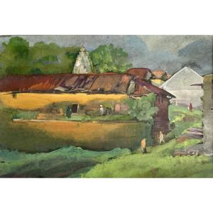 Govind Madhav Solegaonkar (1912-1986). "Paysage animé". Gouache. École indienne. Années 30-40. 