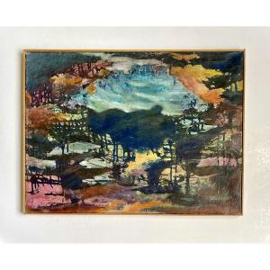 Govind Madhav Solegaonkar (1912-1986). "Arbres". École indienne. Années 50-60. Huile sur toile.