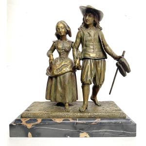 Jean Jules Bernard Salmson (1823, Paris-1902, Coupvray). "Passage du gué". Bronze doré. XIXe.