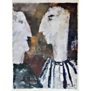 Frans Minnaert (1929–2001). Gouache. "father And Son".