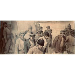 Fernand Gillion (XIXe- 1950). Grand dessin 1916. " Prisonniers russes, camp Soltau (Allemagne)"